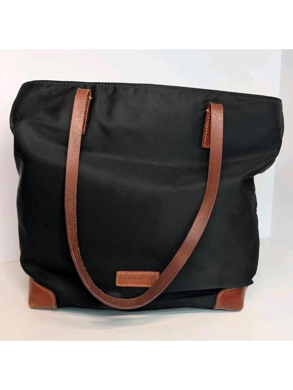 Dooney & Bourke Black Nylon Tote Bag British Tan Leather Trim Shoulder Purse